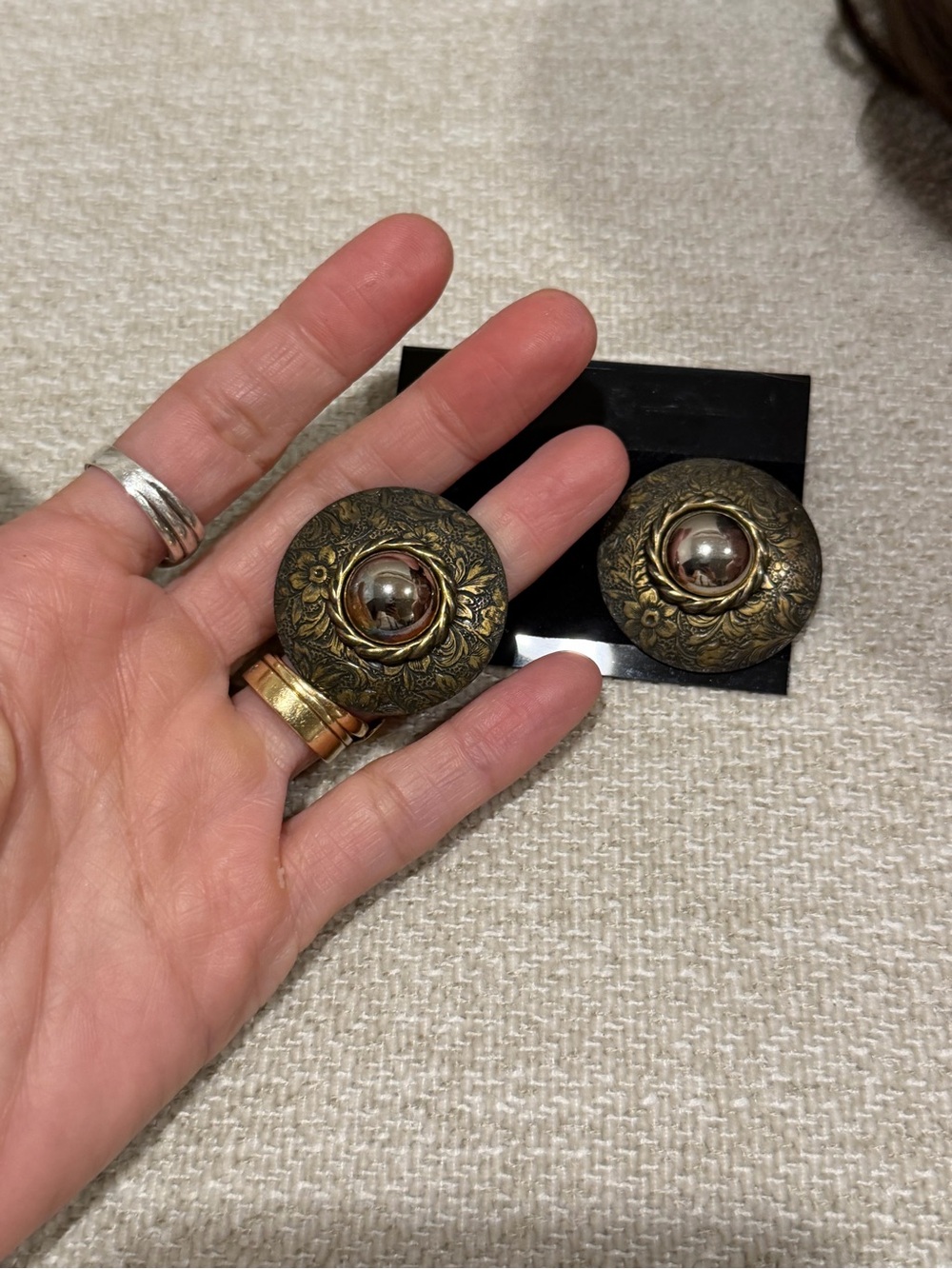 Ornate Antiqued Gold-Tone Button Earrings with Raised Center
